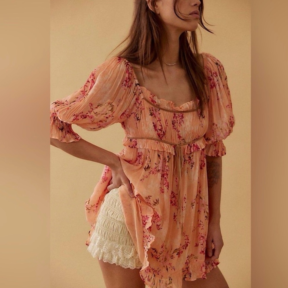 NWT Free People Peach Floral Sheer Babydoll Tunic Mini Dress Boho Romantic M